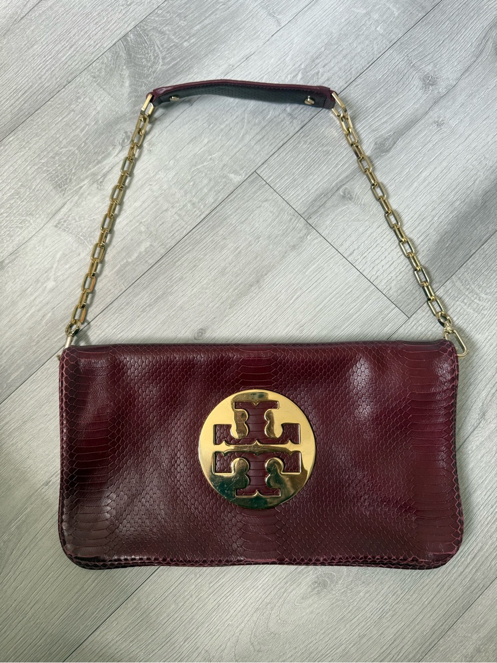 Tory Burch Maroon Leather Shoulder Bag with Gold Logo Chain